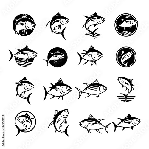 tuna logo ikon collection, black and white, vector illustration, white background