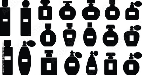 Perfume bottle silhouette collection, fragrance container vector set, cosmetic perfume packaging icons isolated black bottle shapes illustration pack