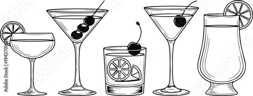 Vintage hand drawn cocktail glasses engraving illustration featuring daiquiri martini manhattan sidecar and old fashioned drinks vector set