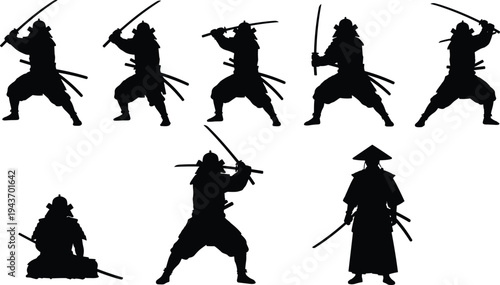 Samurai warrior silhouette set, Japanese sword fighter poses collection with katana combat stance isolated on white background