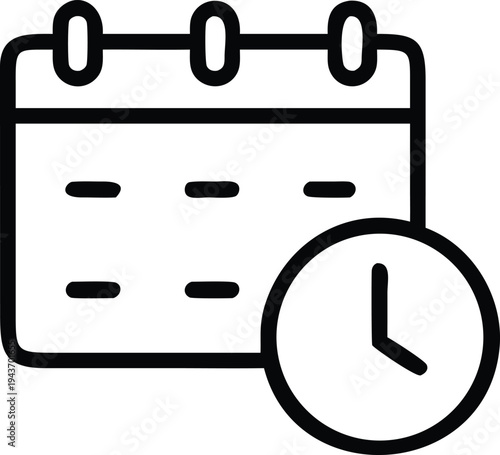 Work Schedule Calendar with Clock Line Icon. Time Management, Appointment Planning, Deadline Reminder Outline Vector