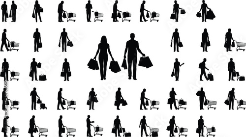 Shopping people silhouette set, shoppers with bags and carts, retail consumer collection, supermarket purchase activity isolated on white background