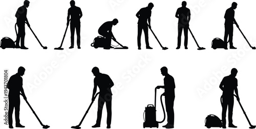 Vacuum cleaner worker silhouette collection, house cleaning service people vector set, janitor cleaning floor with vacuum silhouettes illustration