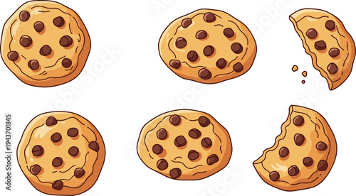 Chocolate chip cookies collection with whole and bitten cookie pieces, sweet bakery dessert snack vector illustration set