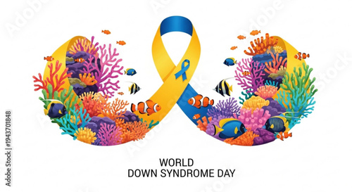 Vibrant oceanic ribbon for world down syndrome day awareness with colorful fish and coral reef