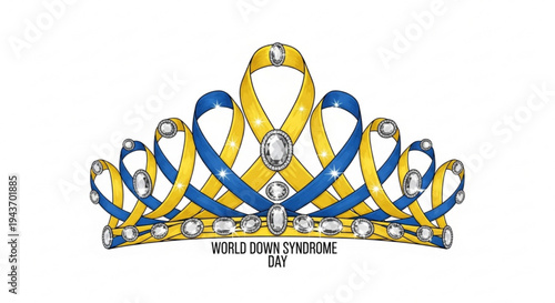 World down syndrome day awareness crown tiara with blue and yellow ribbons and jewels on white background