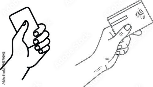A line drawing of two hands holding a smartphone and a banknote