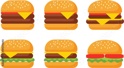 Cheeseburger and hamburger collection with beef patties, cheese and fresh toppings, fast food burger vector illustration set for restaurant menu design
