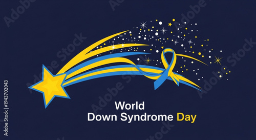 World down syndrome day awareness ribbon with star and sparks on dark blue background