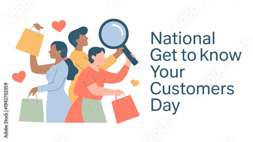 Diverse customers shopping with hearts magnifying glass on national get to know your customers day