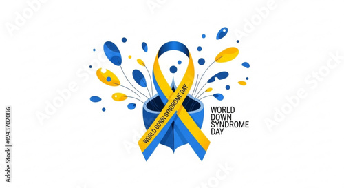 World down syndrome day awareness ribbon with blue and yellow colors and splashes