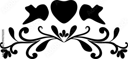 Black ornamental vector design element with heart and birds