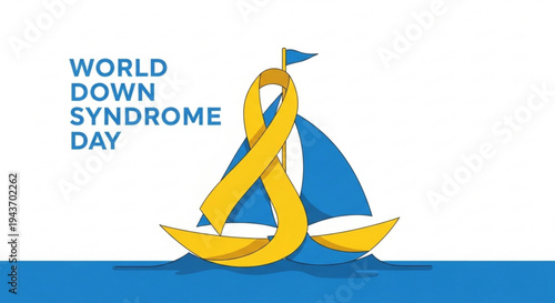 World down syndrome day awareness sailboat with yellow ribbon on blue water