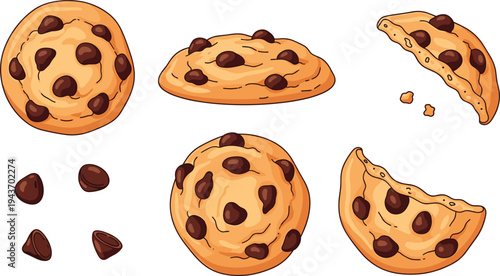 Chocolate chip cookies collection with whole and bitten cookies, sweet bakery dessert snack vector illustration set