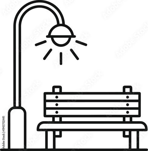 A simple line drawing of a street lamp and bench in a public area