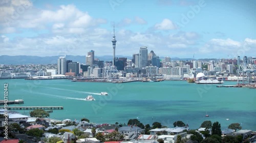 A view of Auckland City skyline. Sky Tower and Waitemata Harbor View
