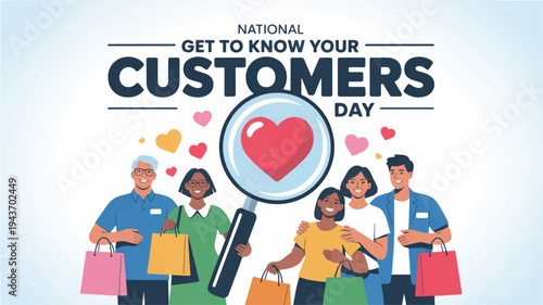 National get to know your customers day illustration with diverse people and heart symbol