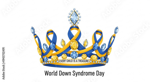 World down syndrome day crown with blue and yellow ribbons and gemstones on white background