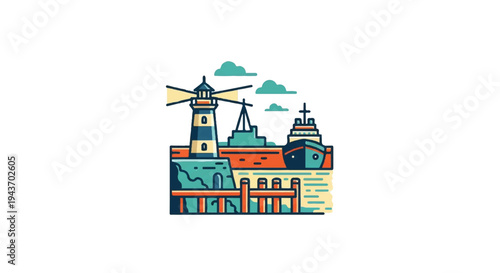 Coastal lighthouse and harbor illustration
