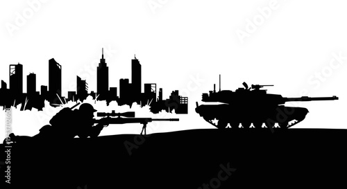 Sniper Soldier and Tank Silhouette Against Cityscape - War Concept