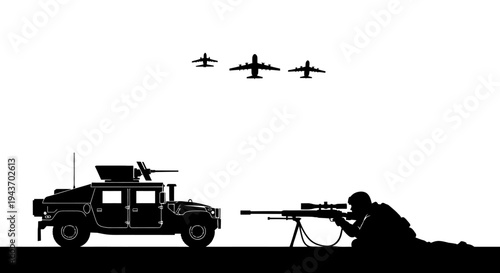 Sniper Soldier, Military Humvee, and Fighter Jets Silhouette on White Background