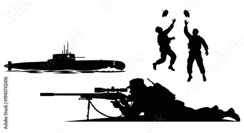 Sniper, Submarine, and Soldiers in Combat Silhouette - Military Action Scene