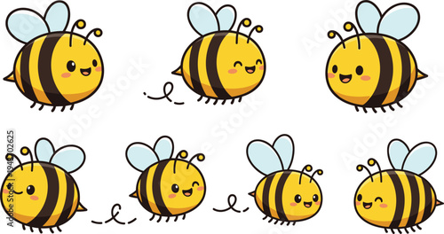Cute cartoon bee characters collection with flying honey bees, adorable pollinator insects vector illustration set for kids and nature design