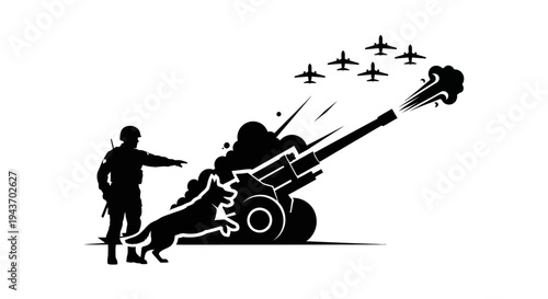 Soldier and Dog Aiming Artillery Cannon with Fighter Jets Flying Overhead