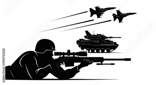 Soldier aiming sniper rifle with tank and fighter jets in background, military action concept