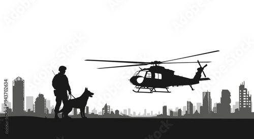 Soldier And Dog Silhouette With Helicopter Over City Skyline