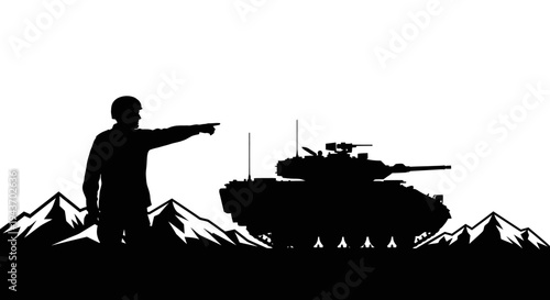 Soldier Directing Tank in Mountainous Terrain Silhouette
