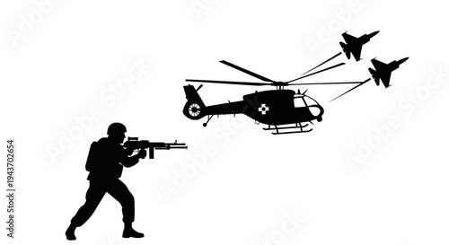 Soldier Aims Rifle at Helicopter and Fighter Jets in Silhouette