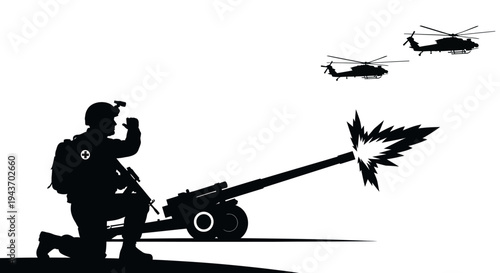 Soldier firing artillery with helicopters flying overhead, military action silhouette