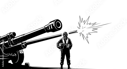 Soldier firing cannon, military action, war, artillery, explosion, black and white illustration