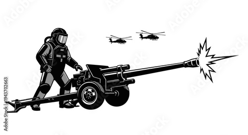 Soldier in Hazmat Suit Fires Artillery Cannon with Helicopters Flying Overhead