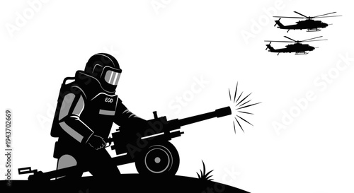 Soldier in hazmat suit fires anti-aircraft gun at helicopters, warfare concept