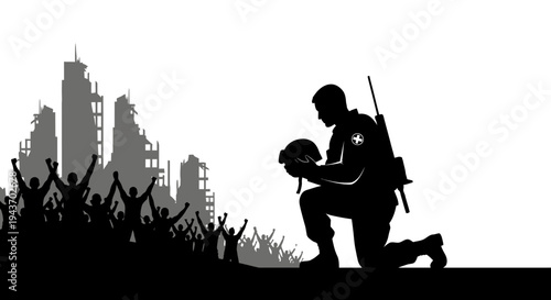 Soldier Kneeling in Ruined City with Cheering Crowd Silhouette