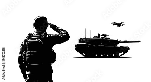 Soldier saluting near tank and drone, symbolizing modern warfare and military technology.