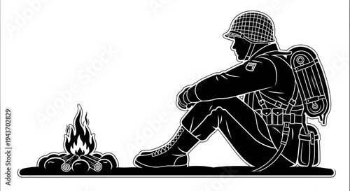 Soldier Sitting by Campfire, Reflecting on War and Peace