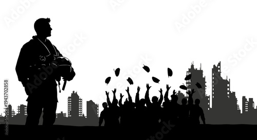 Soldier Standing Over Crowd in Destroyed City