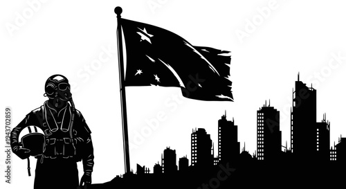 Soldier Standing Before Tattered Flag and Ruined City Skyline Silhouette