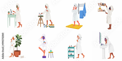 Set of diverse women in white bathrobes practicing self-care and skincare routines with various facial masks and beauty products at home.