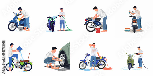 Vector illustration set featuring men washing and cleaning different types of motorcycles, scooters, and a car wheel with water, soap, and sponges.