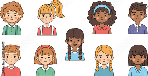 Cute diverse kids avatar collection with multicultural children faces, cartoon boy and girl portraits vector illustration set for education and school design