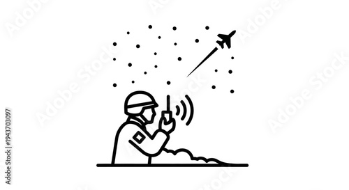 Soldier with radio tracking drone in starry sky, military communication concept