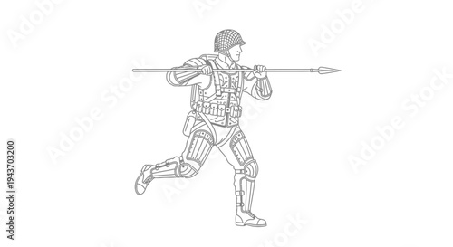 Soldier with Spear Running Combat Attack Line Art