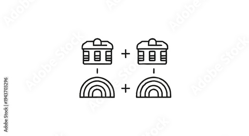 Two identical buildings and two identical rainbows illustration.