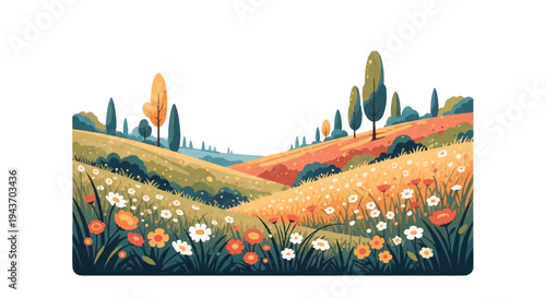Colorful scenic illustration of rolling hills flowers and trees