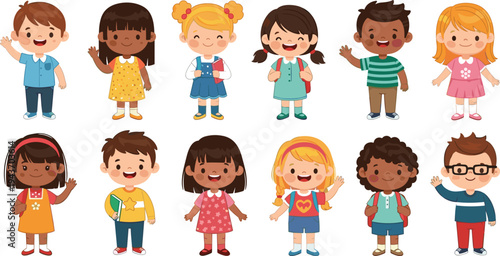 Cute diverse kids characters collection with happy children waving, multicultural cartoon boys and girls vector illustration set for education and school design