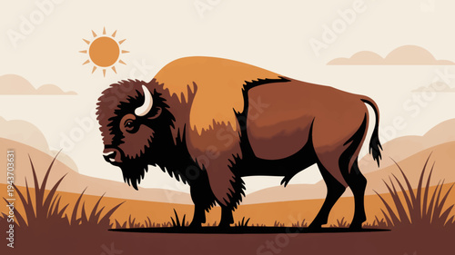 Brown bison standing in grassy field with sun and clouds in background landscape